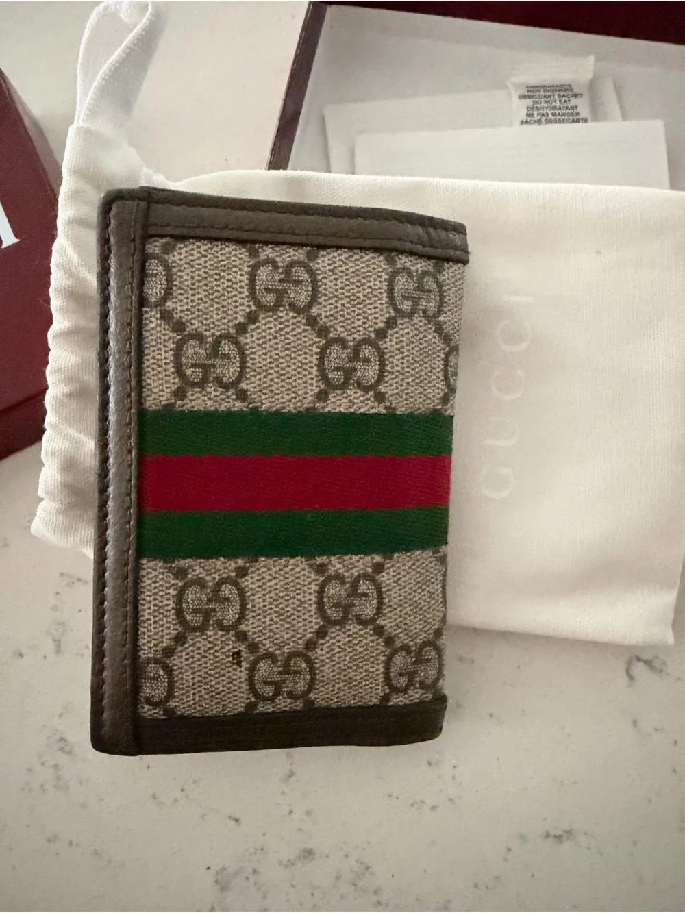 Gucci GG Supreme Card Case with Green/Red Web and Gold GG